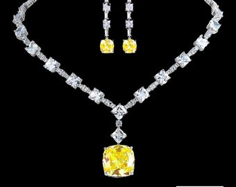 Luxurious Lady Gaga Inspired Canary Yellow Necklace Set Diamond Simulant CZ Wedding Anniversary Prom Costume Jewelry Gift for Her