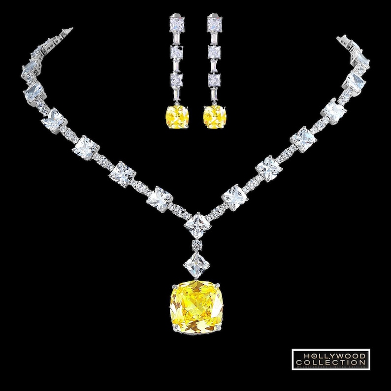 Luxurious Lady Gaga Inspired Canary Yellow Necklace Set Diamond Simulant CZ Wedding Anniversary Prom Costume Jewelry Gift for Her image 1