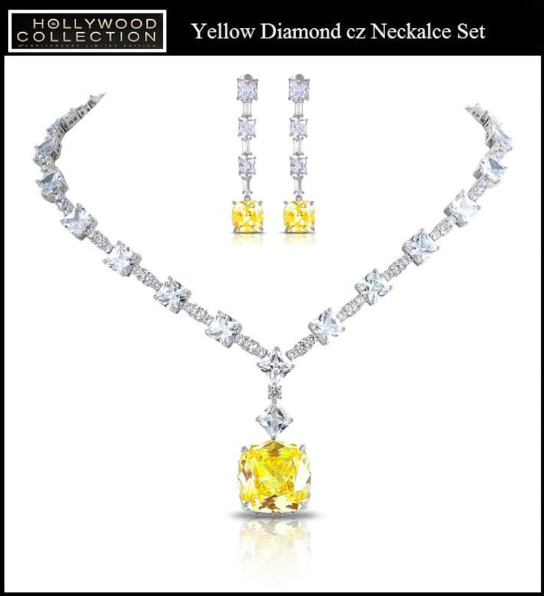 Luxurious Lady Gaga Inspired Canary Yellow Necklace Set Diamond Simulant CZ Wedding Anniversary Prom Costume Jewelry Gift for Her image 3