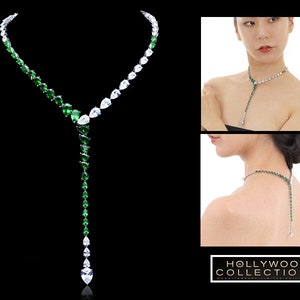 Emerald Green Lariat Necklace  Bridal Anniversary Gift Reverse Back 5A Grade Cz