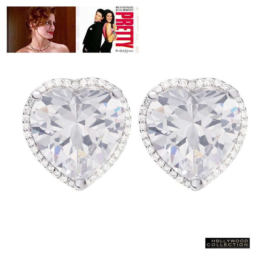Heart CZ Earrings: 925 Sterling Silver, Pretty Woman Inspired
