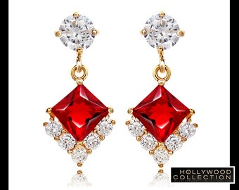 Ruby Red cz Princess Cut Dangle Earrings Hollywood Celebrity Jewelry