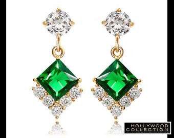 Emerald Green cz Earrings Christmas Gift for Her Princess Cut Dangle Hollywood Celebrity Jewelry