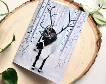 Tarjeta en blanco con renos en el bosque / Arte de Anya Toelle / Artista de Alaska / Rancho de renos corriendo / Tarjeta de felicitación / Tarjeta en blanco / Caribú