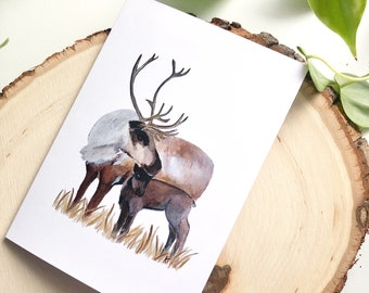 Tarjeta en blanco de reno madre y bebé / Arte de Anya Toelle / Rancho de renos corriendo / Arte de Alaska / Caribú / Animal de Alaska / Tarjeta del Día de la Madre