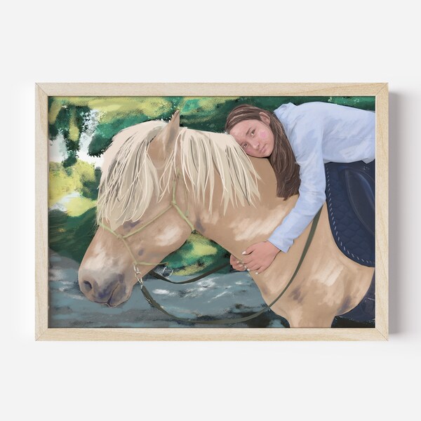 Personalized drawing horse and owner, horse portrait from photo, souvenir of your horse, illustration from photo