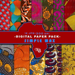 Digitales einfaches Wachspapier-Paket, 12 afrikanische digitale Papiere, Wachsmasken, Kente-Papier, Afrika, Gesichtsmaske, Afrika-Papier, Sofort-Download, Muster
