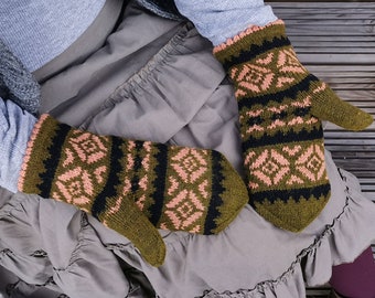 Knitted mittens, fair isle winter gloves for women