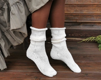 White vegan socks for women, knitted bed socks, zero waste gifts for sister