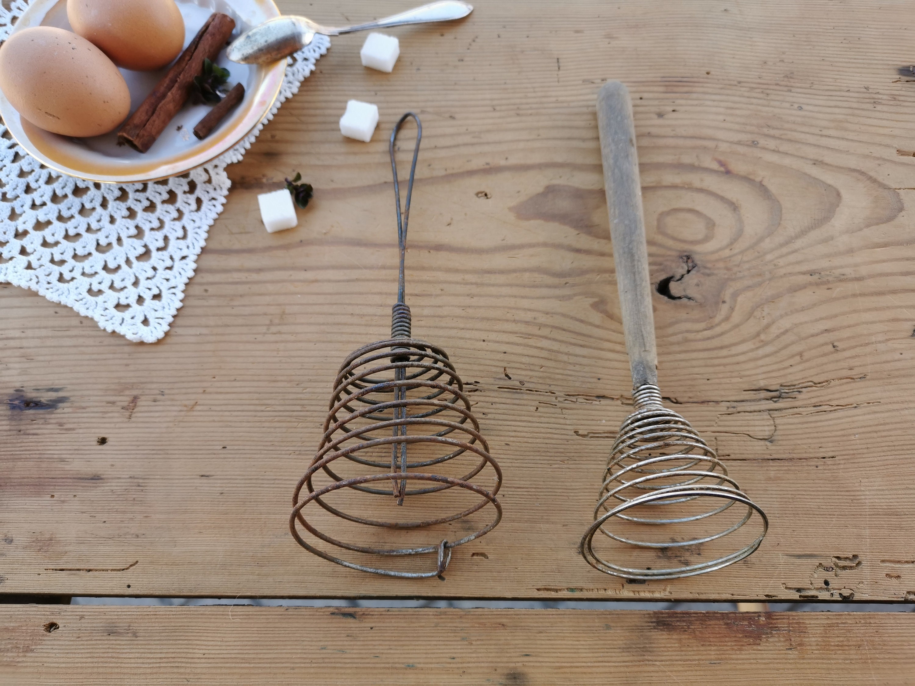pair Vintage Egg beater Wire Wisk Wooden Handle Iron Spring Primitive -  Collectors in the House