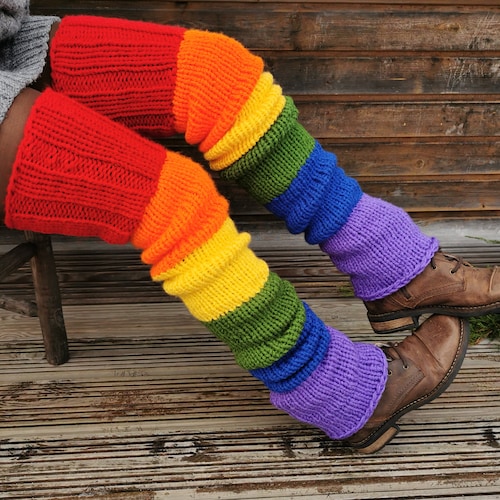 Rainbow Knitting Wool Leg Warmers Bohemian Multicolor One Etsy