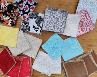 Sheathed blanks of fabric scraps 5x5 inch/ 12x12 cm, 110 pieces textile coaster blanks from remnants and snippets