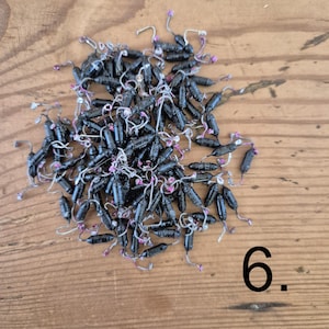 K&ouml;nnte beinhalten: Eine Ansammlung zahlreicher kleiner, schwarzer, zylindrischer elektronischer Bauteile, die jeweils &uuml;ber zwei d&uuml;nne, gebogene Metalldr&auml;hte mit rosa Spitzen verf&uuml;gen. Die Bauteile liegen geh&auml;uft zusammen und die Zahl 6 ist schwarz in der Ecke aufgedruckt.