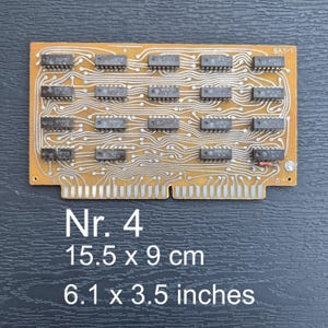 May include: A vintage circuit board, measuring 6.1 x 3.5 inches, features numerous integrated circuits and intricate wiring patterns. The board is a warm, golden color with the text "Nr. 4" and "5A5-1" printed on it.