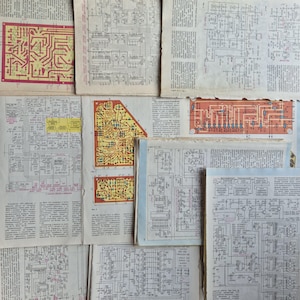 May include: A collection of vintage technical diagrams and circuit schematics, featuring intricate line drawings and colorful circuit board layouts. The pages are aged with a yellowed appearance, showcasing a variety of electronic components and wiring patterns. The diagrams are printed in black, red, and yellow.