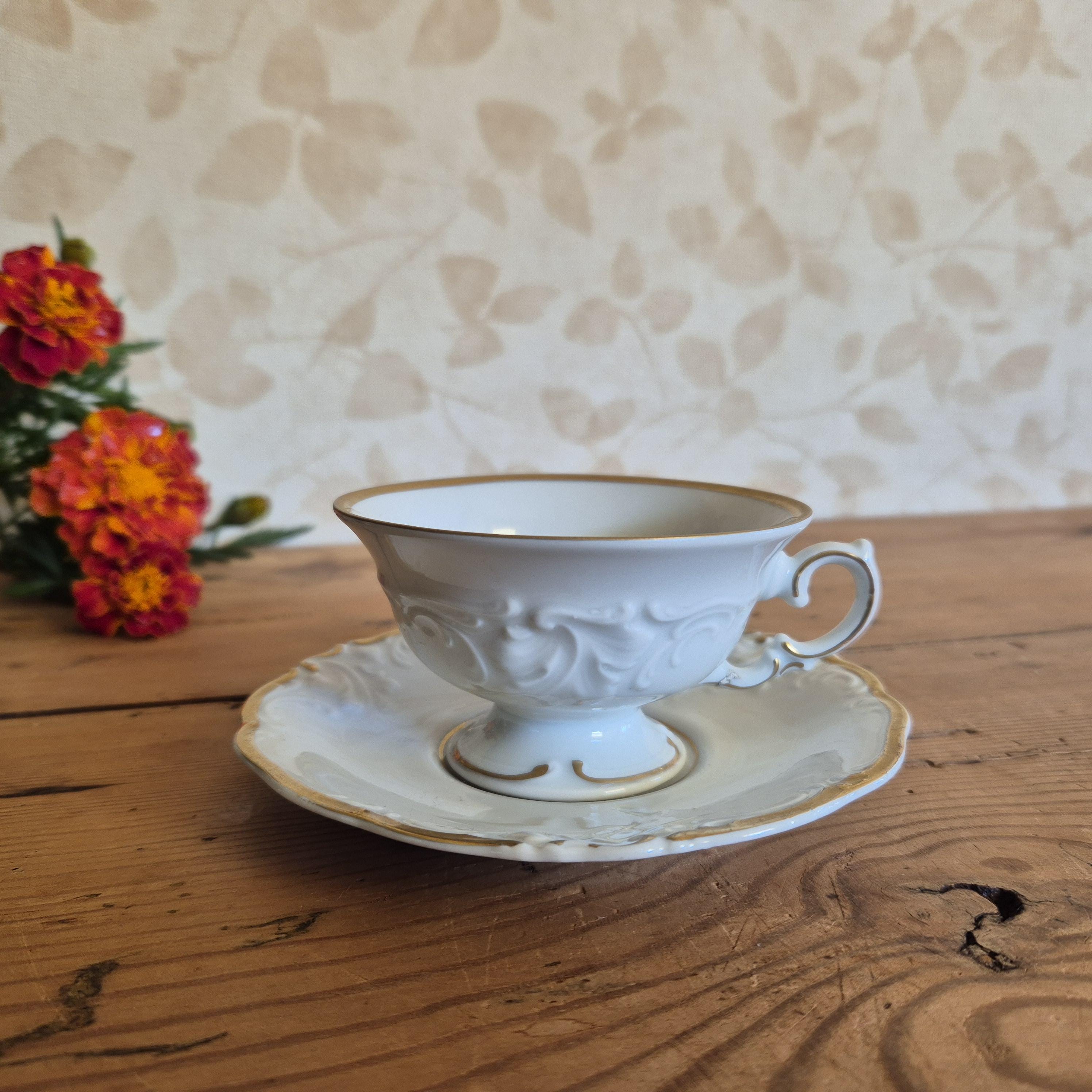 4 Tasses à Café/thé Anciennes Friederike KPM - Porcelaine Fleurie Crème - Bon état - Occasion