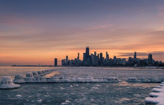 Chicago Skyline And Frozen Lake Michigan Sunset Etsy Chicago Skyline And Frozen Lake Michigan Sunset Etsy