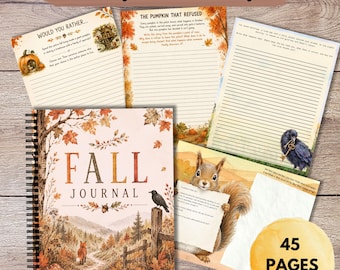 May include: A spiral-bound Fall Journal with a cover featuring a forest path, a fox, and a crow, surrounded by writing prompt sheets including Would You Rather, The Pumpkin That Refused, and a squirrel illustration, totaling 45 pages.