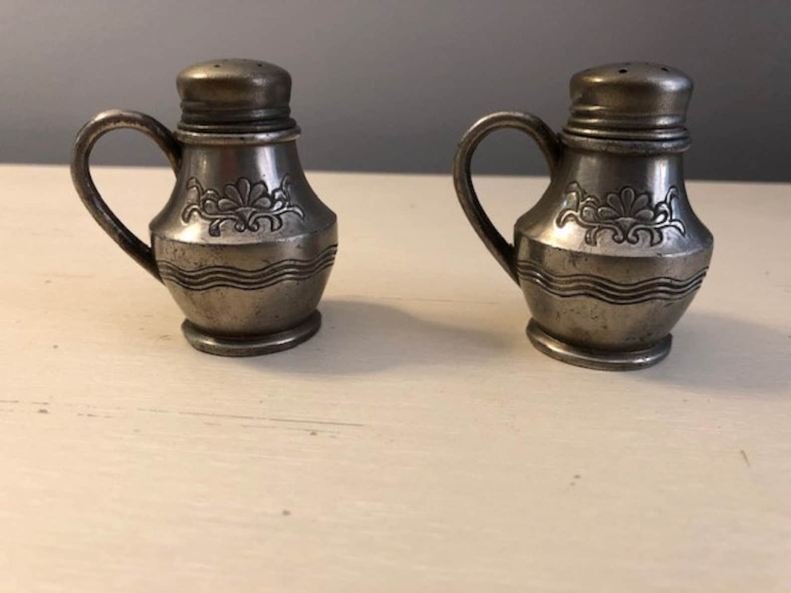 Antique Pewter Salt and Pepper Shakers with Handles Made in Etsy