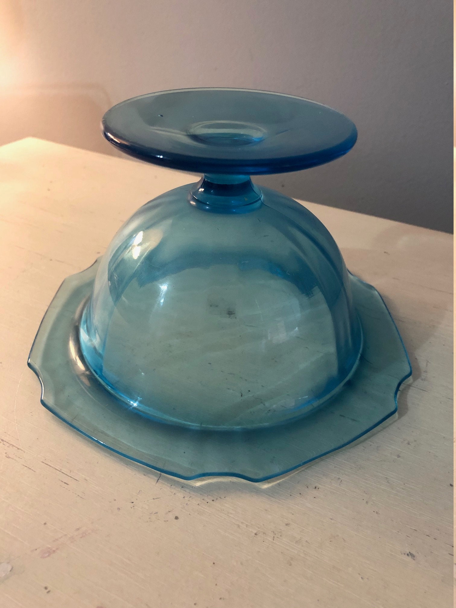 Vintage Colonial Blue Pedestal Candy Dish NO LID mid century Etsy