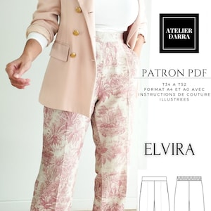 May include: A sewing pattern for pants called "Elvira" in sizes 34 to 52. The pattern is available in A4 and A0 format and includes illustrated instructions. The image shows a model wearing the pants with a pink blazer.