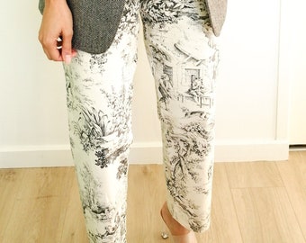 Pantalon taille haute fait main sur mesure en toile de Jouy gris fumé