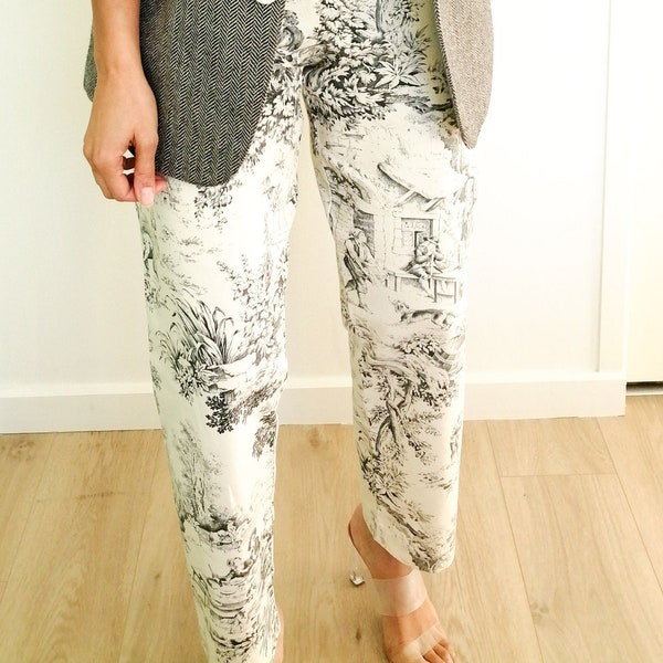 Pantalon taille haute fait main sur mesure en toile de Jouy gris fumé