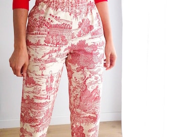Pantalon taille haute fait main sur mesure en toile de Jouy rouge
