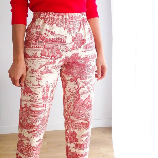 Custom handmade high-waisted trousers in red Toile de Jouy