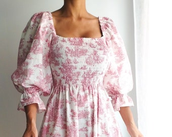 Custom handmade dress in pink Toile de Jouy printed cotton