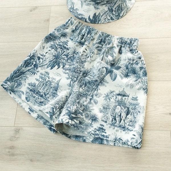 Short fait main taille haute en coton imprimé toile de Jouy bleu marine sur mesure