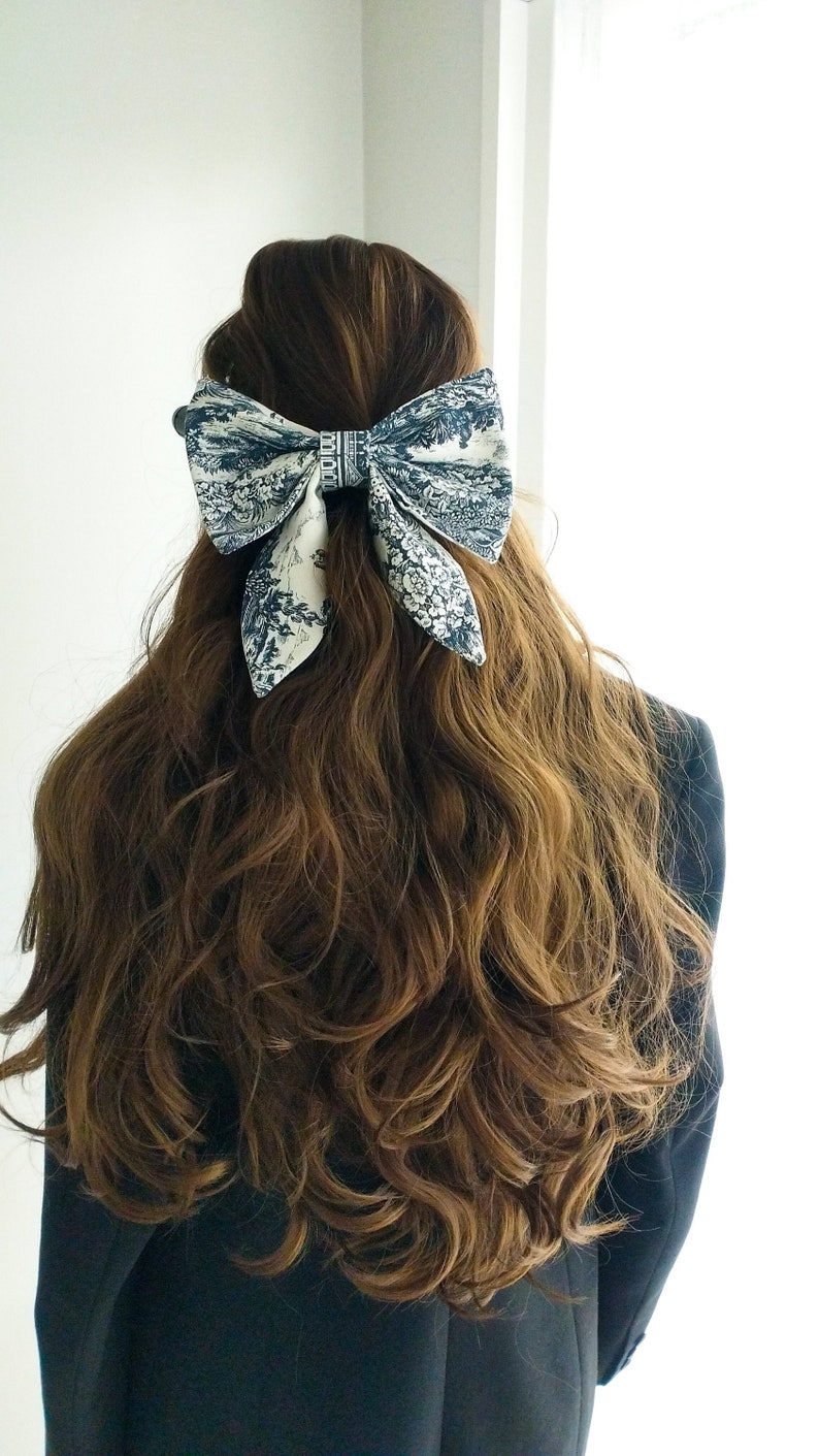 Barrette hair bow canvas Jouy navy blue 100% cotton image 1