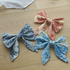 Barrette hair bow canvas Jouy navy blue 100% cotton image 5