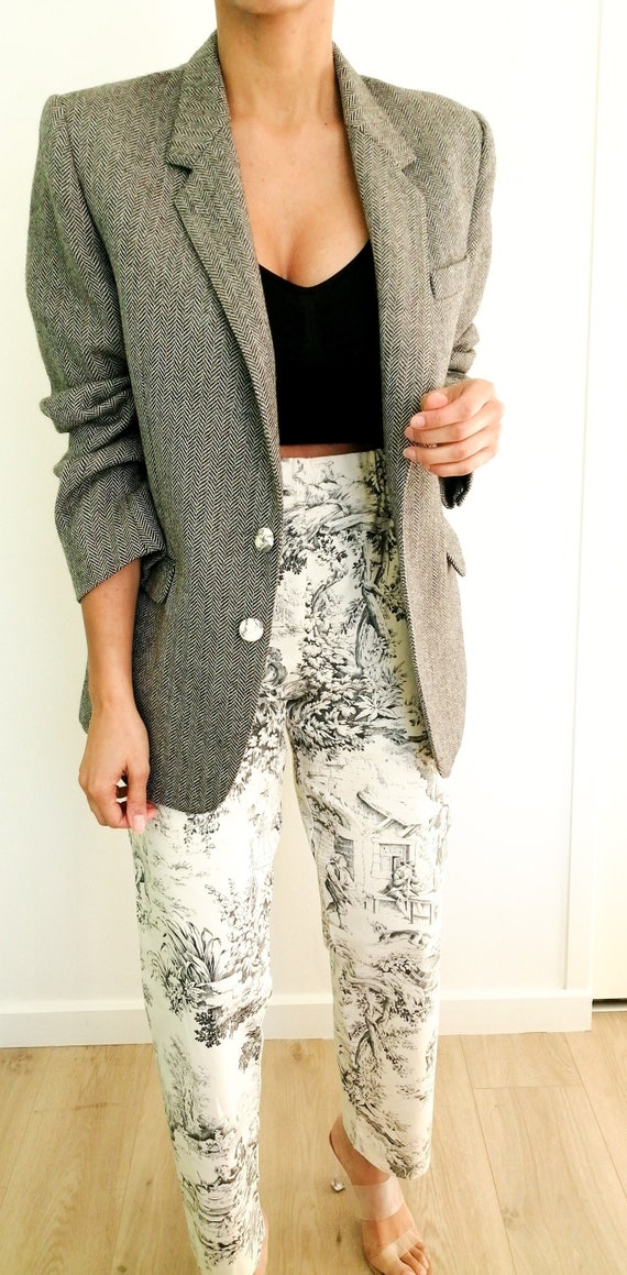 Pantalon taille haute fait main sur mesure en toile de Jouy gris