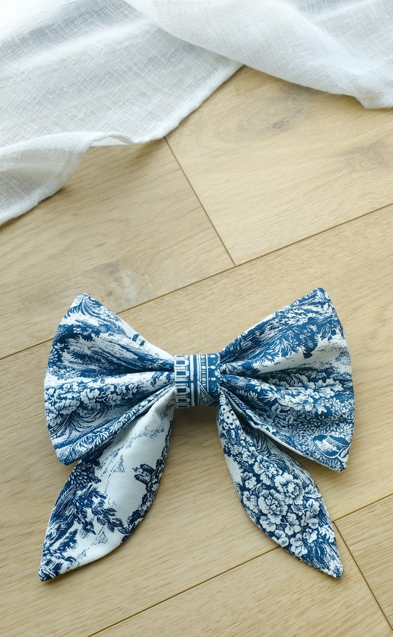 Barrette hair bow canvas Jouy navy blue 100% cotton image 4