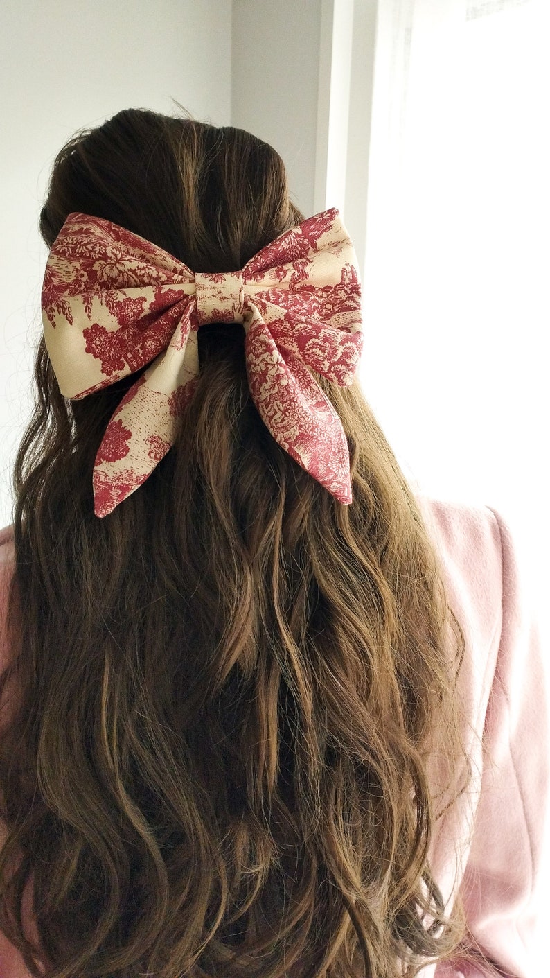 Hair jewel bow barrette in red toile de Jouy image 2