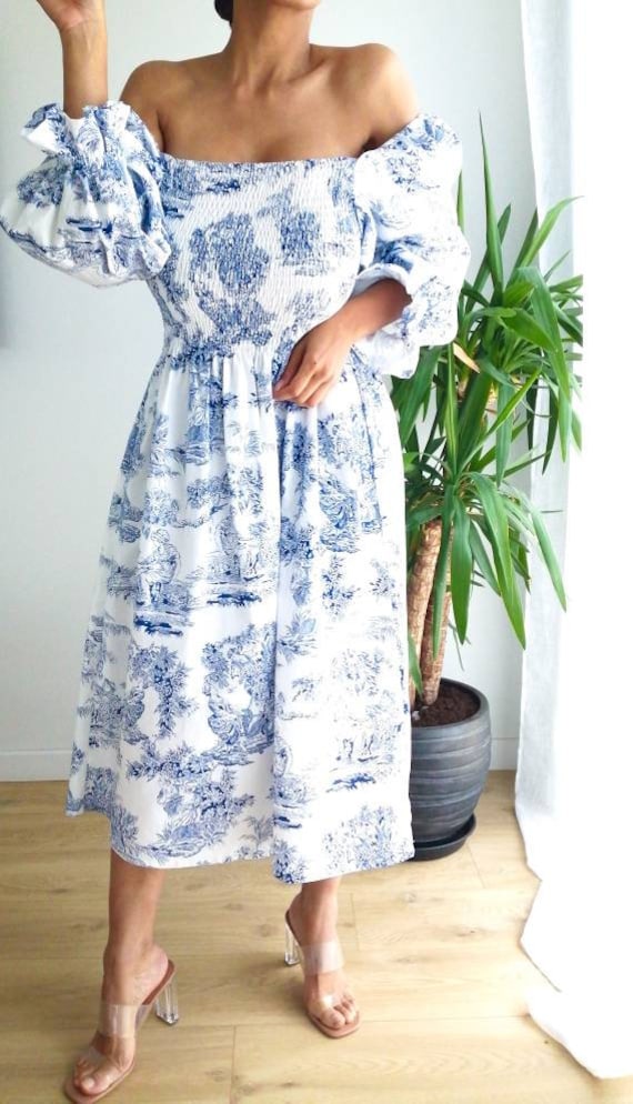 blue toile de jouy dress Julitta Navy Blue & White Toile de Jouy Sleeveless A-line Dress – Andiata main image 1