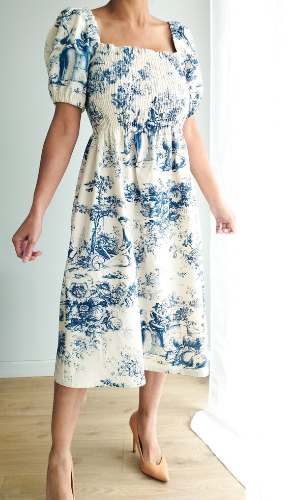 Long Dress in Blue Toile De Jouy - Etsy Long Dress in Blue Toile De Jouy - Etsy