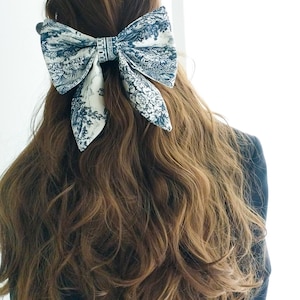 Barrette hair bow canvas Jouy navy blue 100% cotton image 3