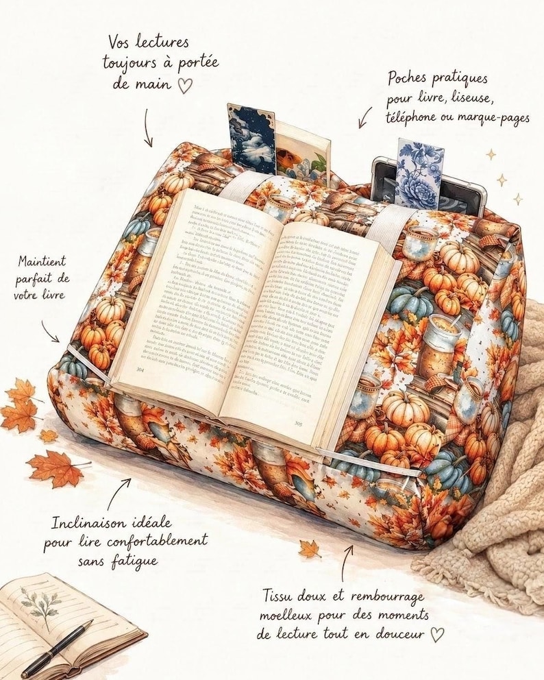 K&ouml;nnte beinhalten: Ein keilf&ouml;rmiges Lesekissen mit herbstlichem Druck von K&uuml;rbissen, Bl&auml;ttern und Tassen. Das Kissen hat eine Kante zum Halten eines offenen Buches und R&uuml;ckentaschen. Text auf dem Bild: Vos lectures toujours &agrave; port&eacute;e de main, Poches pratiques pour livre, liseuse, t&eacute;l&eacute;phone ou marque-pages, Maintient parfait de votre livre, Inclinaison id&eacute;ale pour lire confortablement sans fatigue, Tissu doux et rembourrage moelleux pour des moments de lecture tout en douceur.