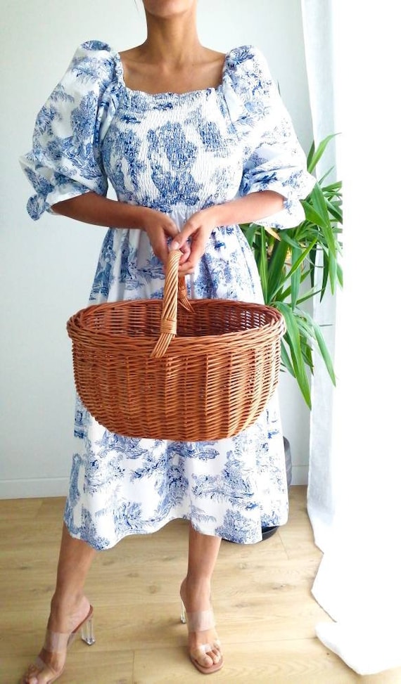 Long Dress With Puffed Sleeves in Blue Toile De Jouy Printed