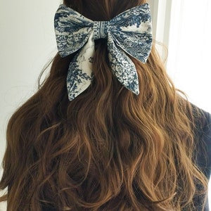 Barrette hair bow canvas Jouy navy blue 100% cotton image 2