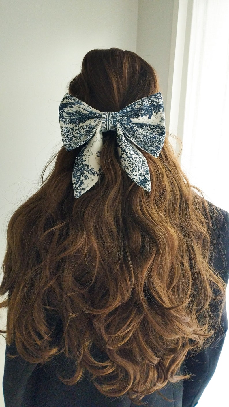 Barrette hair bow canvas Jouy navy blue 100% cotton image 2