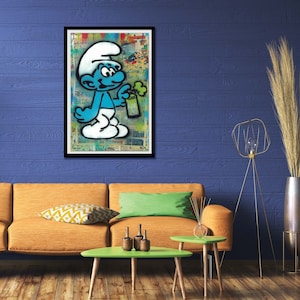 Smurf Poster (les schtroumpfs) with Green Spray Can and Comics Street Art Graffiti Limited Edition Print and Canvas by Ekim