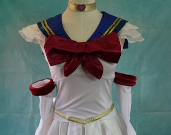 Sailor pleated skirt uniform, with gloves, bow and necklace, sailor moon inspired cosplay, sailor fuku, made in the UK