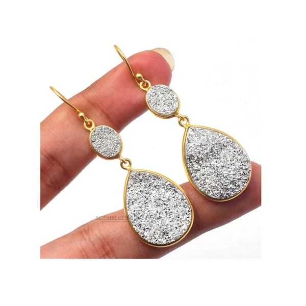 Aqua Druzy Gemstone Drop Earrings Sterling Silver Gold Plated