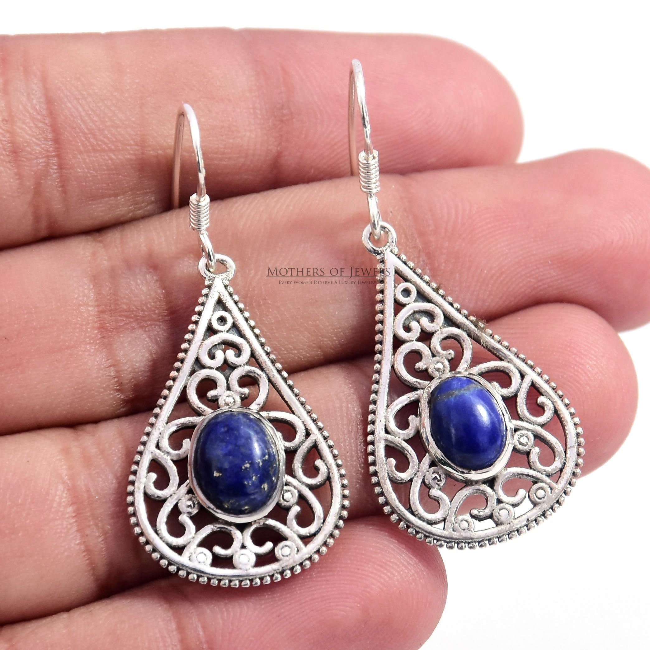 Lapis Lazuli Gemstone Solid 925 Sterling Silver Earrings Handmade Jewelry 