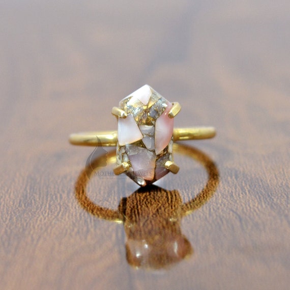 Ring For Love White Opal Ring,White Opal Copper Hexagon Gemstone Ring,18k Gold Plated Solitaire Ring 925 Sterling Silver Ring Prong Ring
