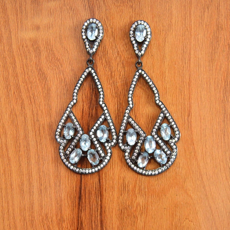 Pretty Blue Gemstone Dangle/'s For Women 925 Sterling Silver CZ Earrings 6x4mm Oval Blue Topaz Gemstone Earring Exquisite Hanging Earrings