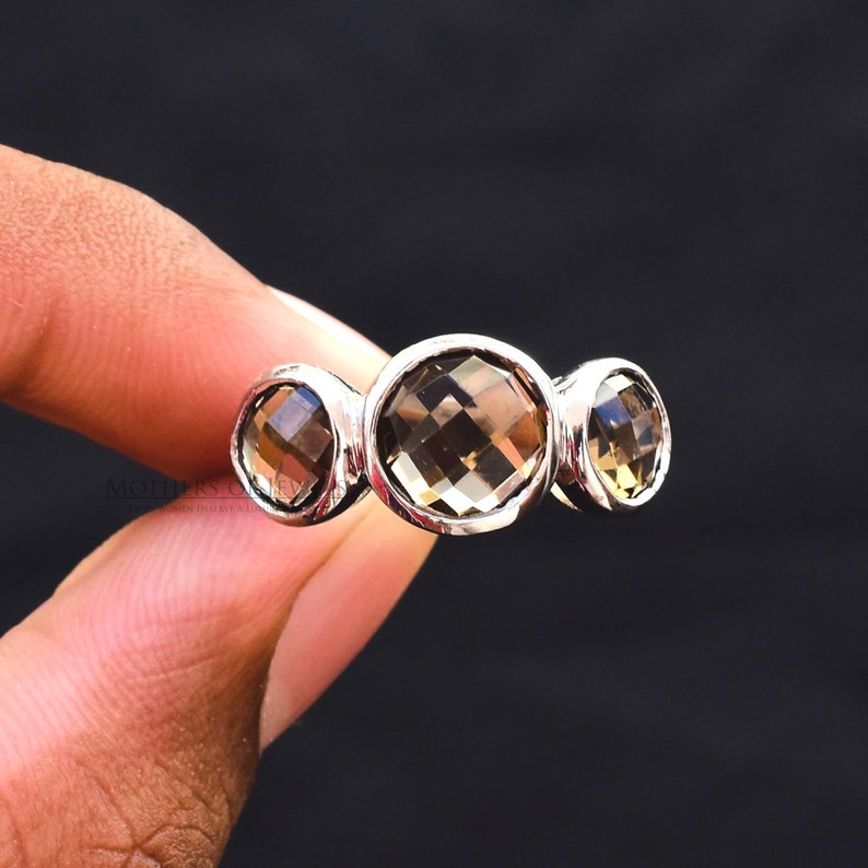 Silver Ring Three Stone Ring Handmade Solitaire Ring Christmas Gift For Women Round Natural AAA+ Grade Smoky Quartz Gemstone Silver Ring